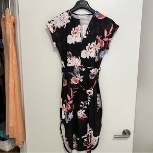 Pink and Black Asymmetrical Sheath Dress with Tie Front